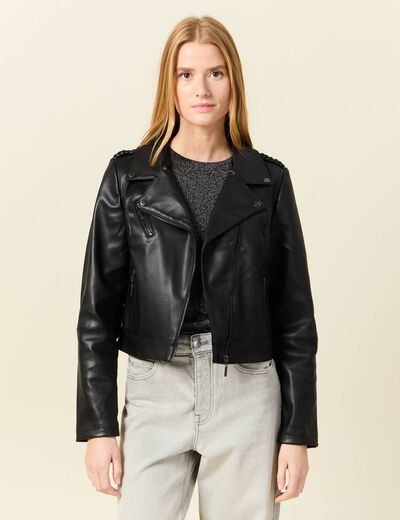 Blouson ajusté simili cuir noir femme