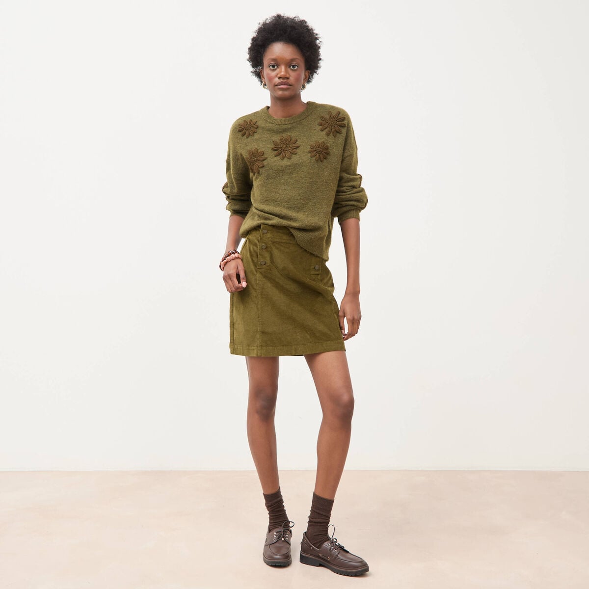 Pull manches longues col rond vert olive femme