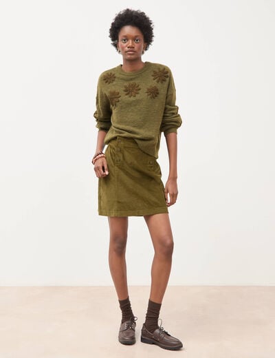 Pull manches longues col rond vert olive femme