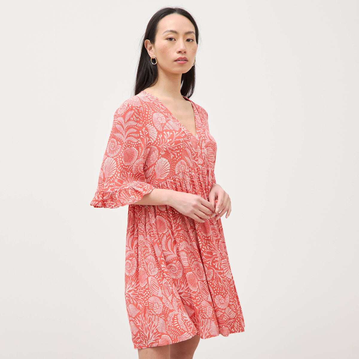 Robe col v manches au coude orange corail femme