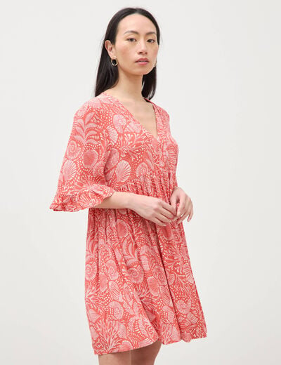 Robe col v manches au coude orange corail femme
