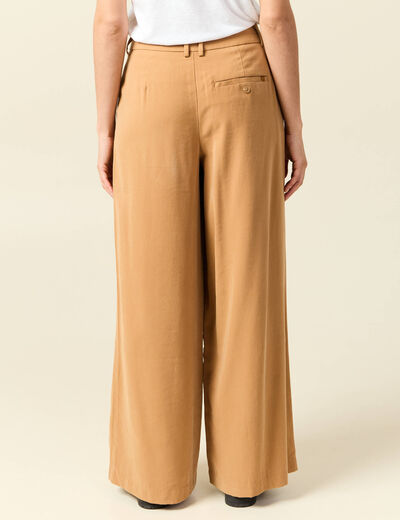 Pantalon large taille haute marron clair femme