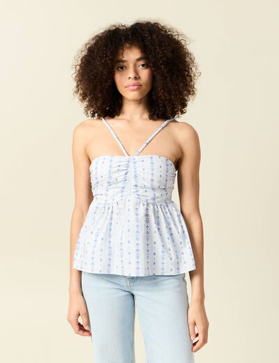 Top col droit à bretelles en coton bleu clair femme