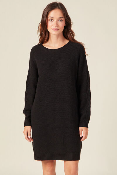 Robe pull droite torsades noir femme