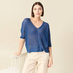 Pull ajour&eacute; col v manches 3/4 bleu marine femme
