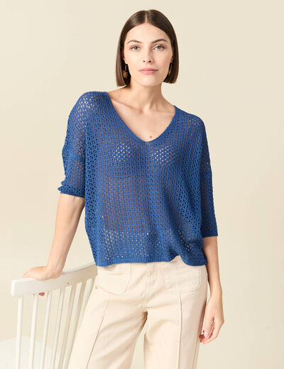 Pull ajour&eacute; col v manches 3/4 bleu marine femme