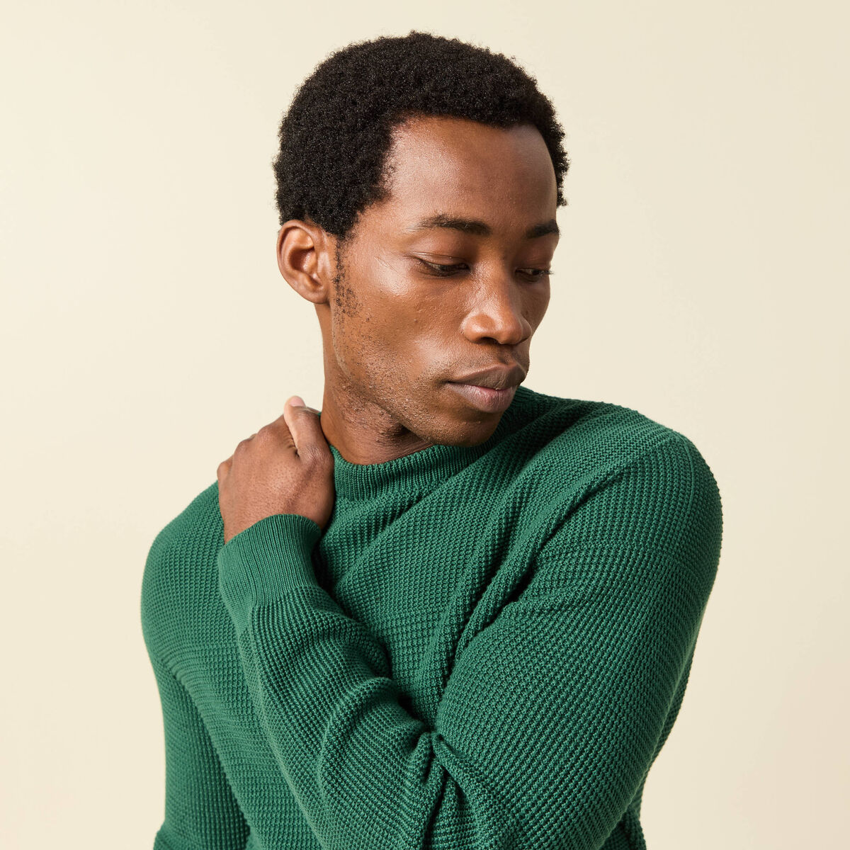 Pull col rond manches longues en coton vert homme