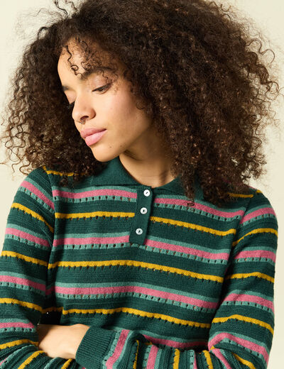 Pull col polo manches longues vert fonc&eacute; femme