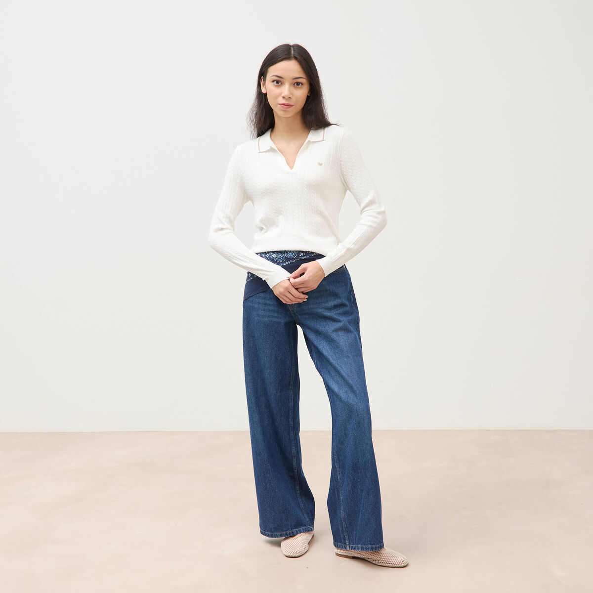 Pull droit manches longues ecru femme