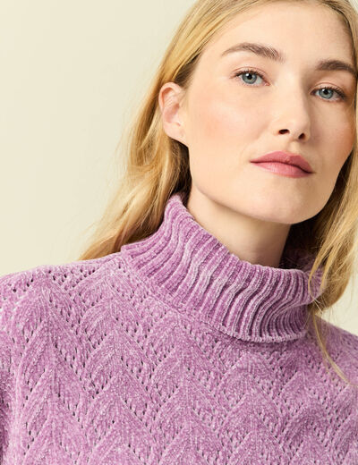 Pull col roul&eacute; manches longues mauve femme