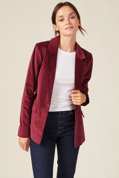 Veste blazer ajustée velours prune femme
