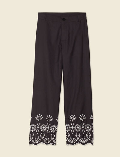 Pantalon large brodé 7/8ème noir femme