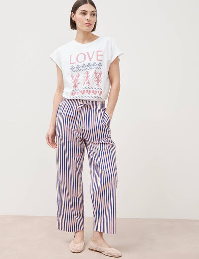 Pantalon large taille haute en coton blanc femme