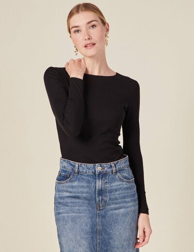 T-shirt cintr&eacute; manches longues col rond noir femme