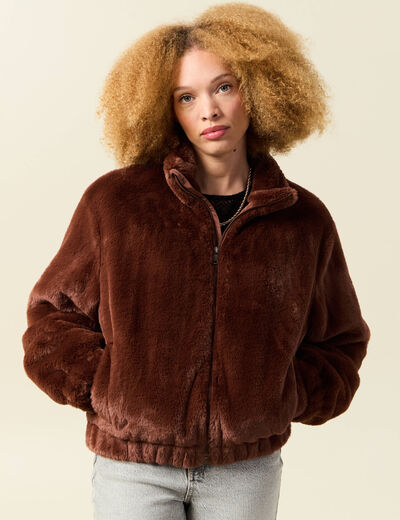 Veste droite courte col montant marron femme