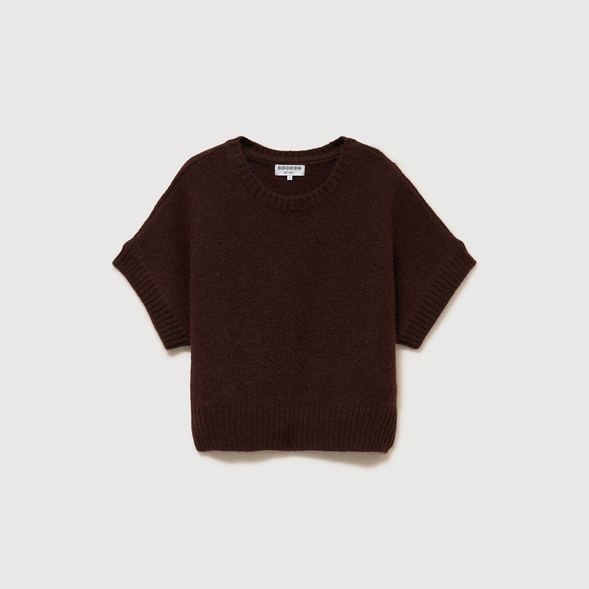 Pull oversize col rond manches courtes marron femme