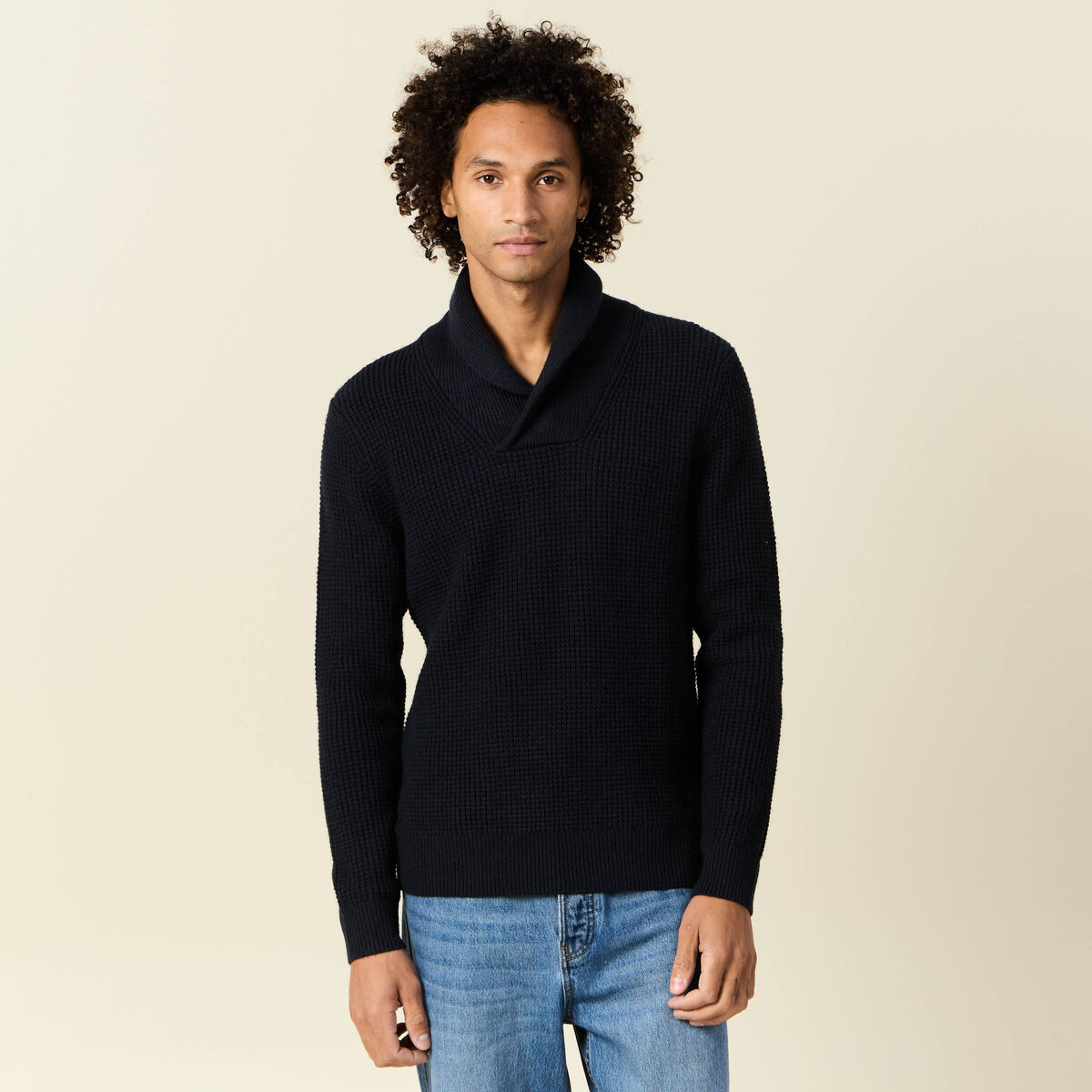Pull manches longues col châle bleu marine homme