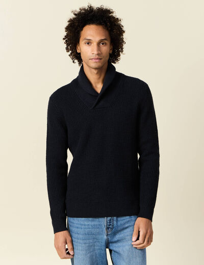 Pull manches longues col châle bleu marine homme
