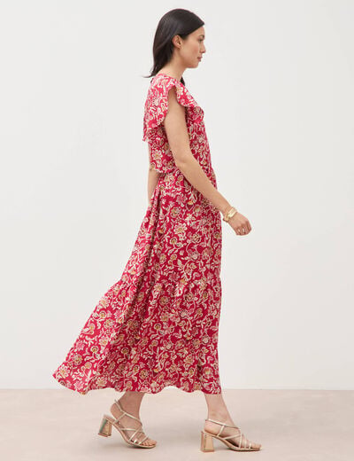 Robe fluide col v manches courtes rouge cerise femme