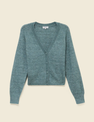 Gilet ajour&eacute; col V manches longues vert femme