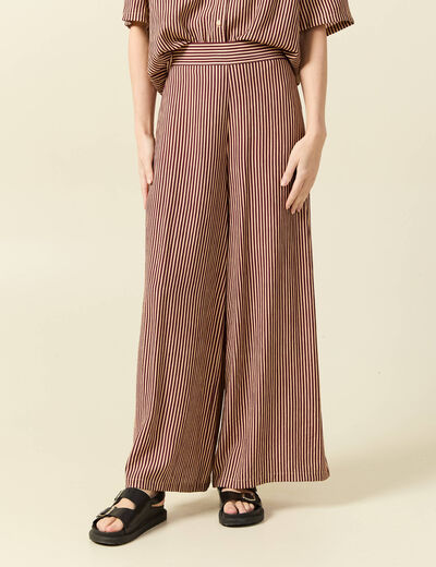 Pantalon large taille haute ray&eacute; violet femme