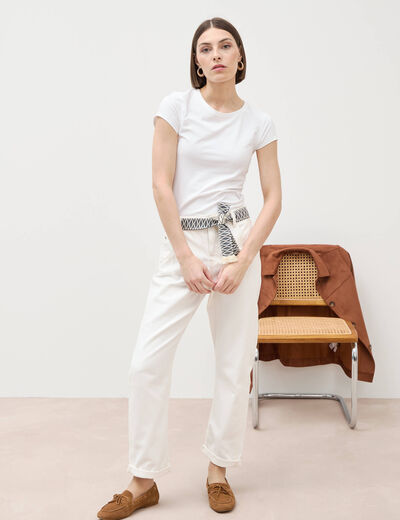 Jeans boyfriend ceintur&eacute; denim blanc femme