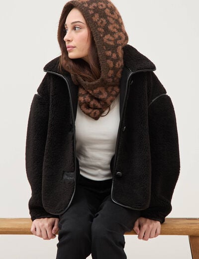 Manteau court oversize sherpa noir femme