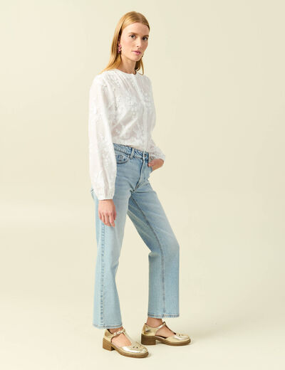 Jeans straight 7/8&egrave;me taille haute denim bleach femme