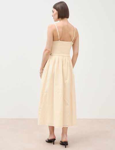 Robe col v &agrave; bretelles en coton creme femme