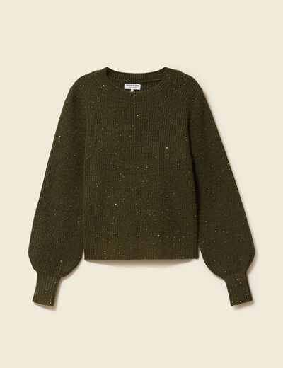 Pull manches longues col rond &agrave; sequins vert kaki femme