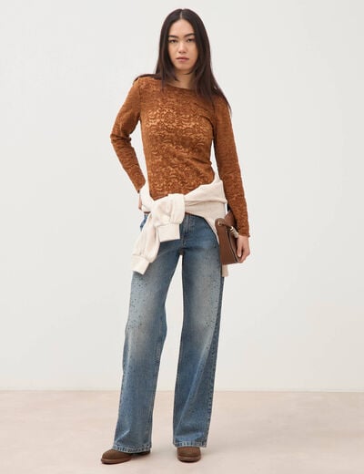 Jeans wide leg strass taille standard bleu femme