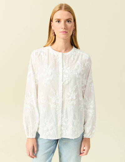 Chemise col rond manches longues brod&eacute;e ecru femme