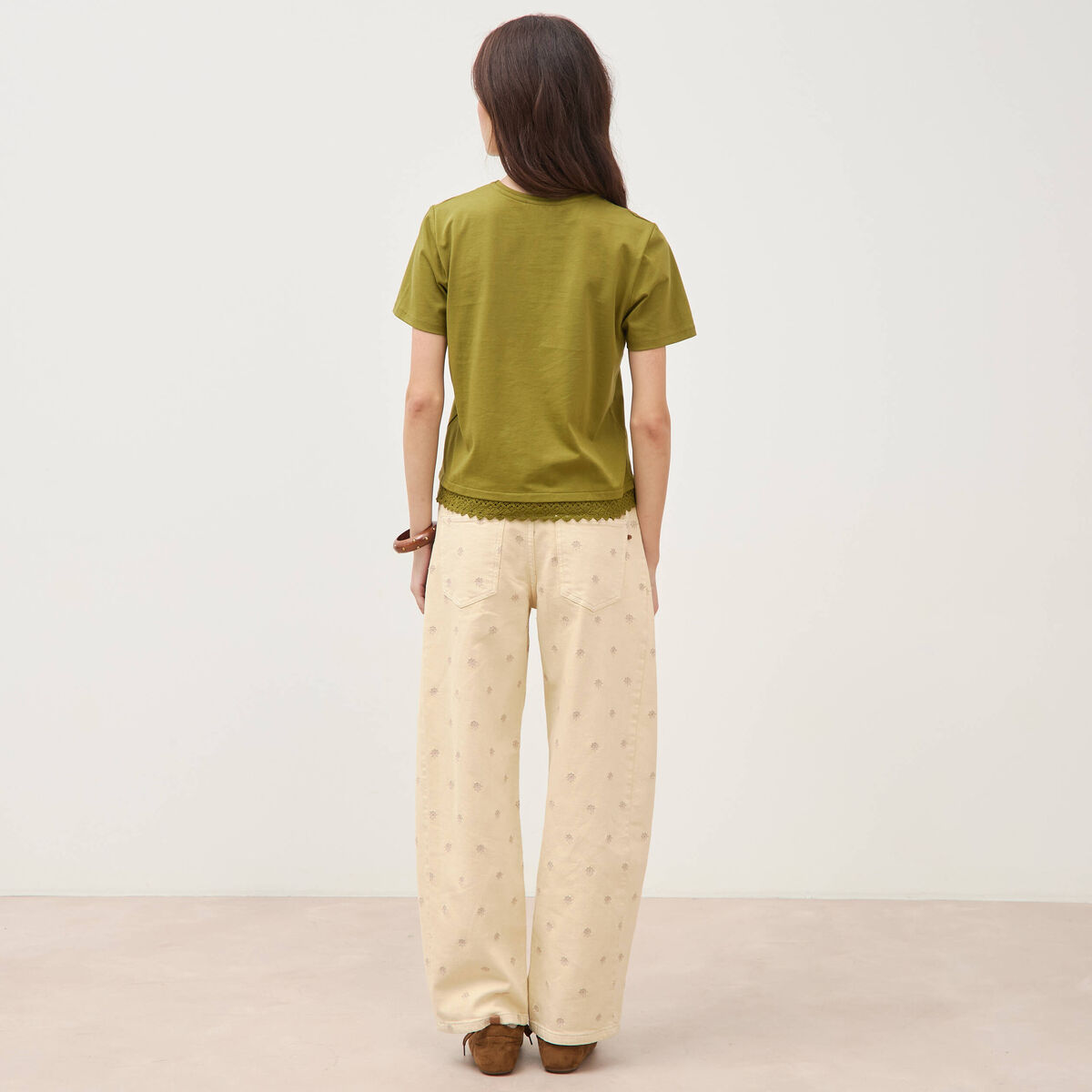 T-shirt droit col rond manches courtes vert kaki femme