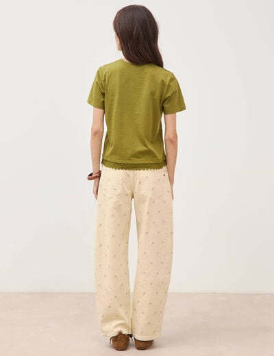 T-shirt droit col rond manches courtes vert kaki femme