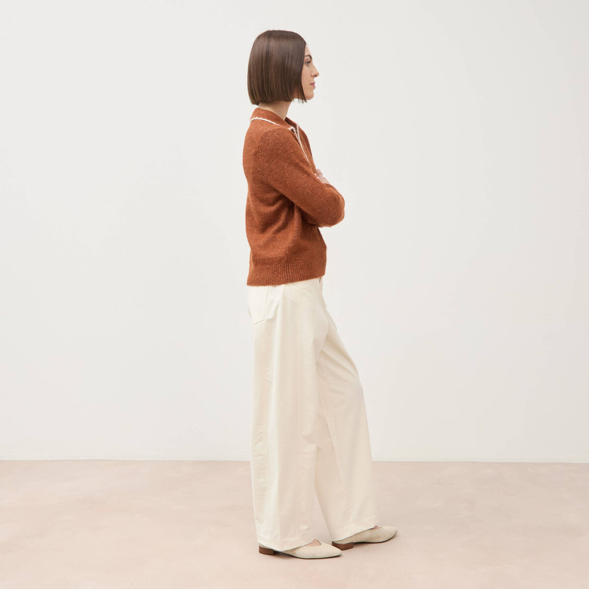 Pull droit col polo manches longues marron cognac femme