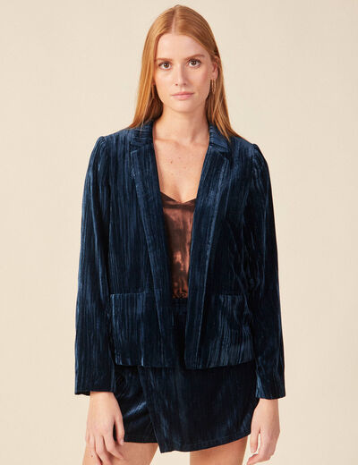 Tailleur droit court manches longues bleu canard femme