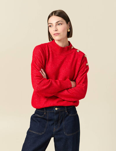 Pull col montant manches longues rouge femme