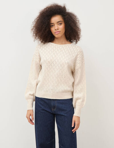 Pull oversize col v manches longues creme femme