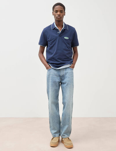 Polo cintr&eacute; en coton manches courtes bleu marine homme