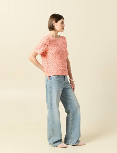 T-shirt ajour&eacute; col rond manches courtes rose saumon femme