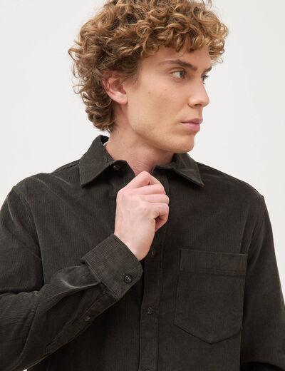 Chemise col classique en velours vert kaki homme