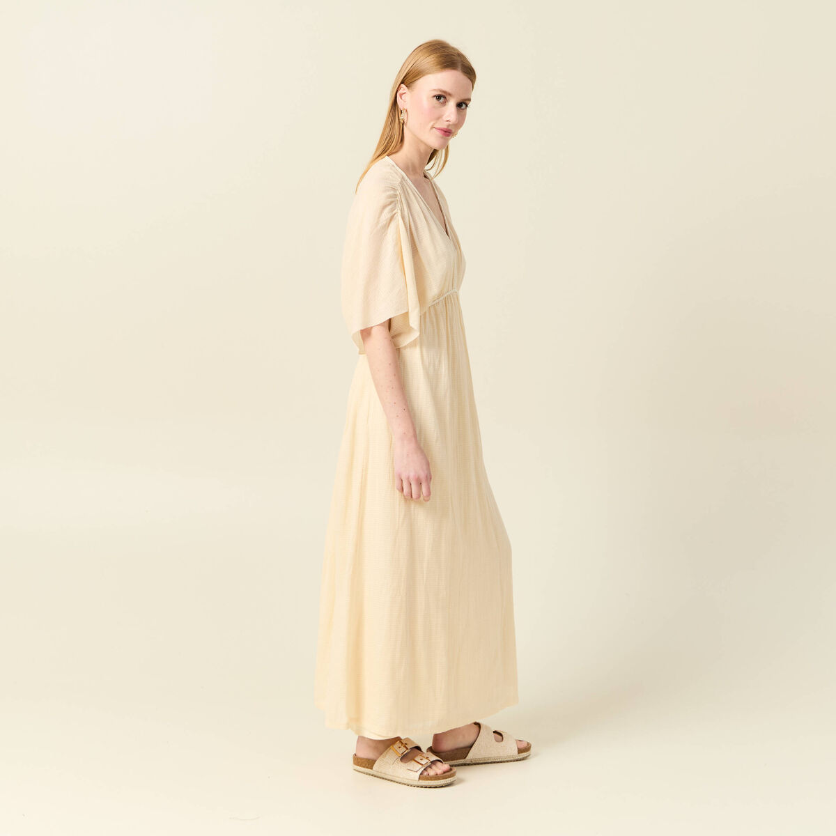 Robe longue empire col en V creme femme
