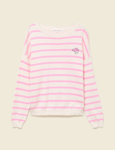 Pull col rond manches longues broderie rose clair femme