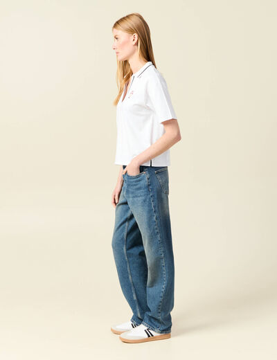 T-shirt droit court col V en coton blanc femme