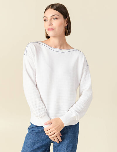 Pull col bateau manches longues en coton blanc femme