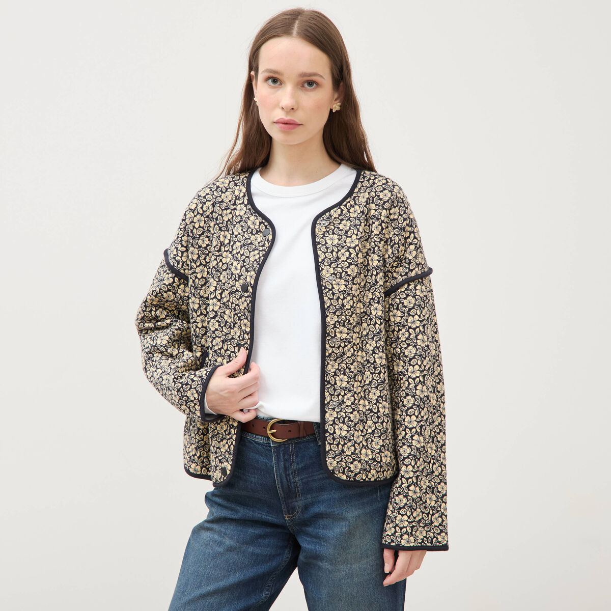 Veste droite manches longues col rond noir femme