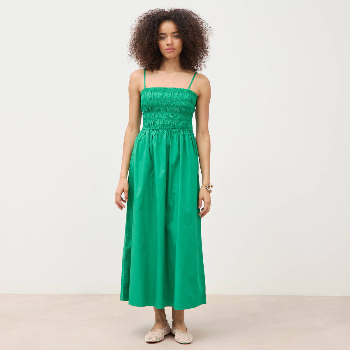 Robe bretelles col carr&eacute; en coton vert femme