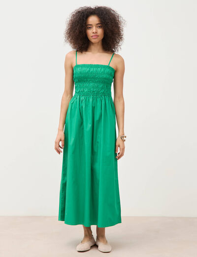 Robe bretelles col carr&eacute; en coton vert femme