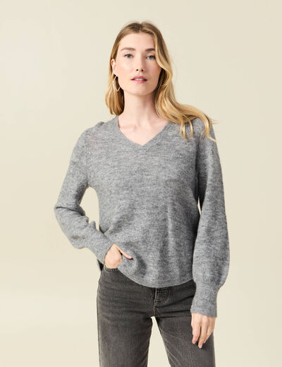 Pull manches longues col en V gris clair femme