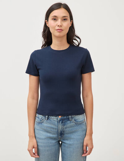 T-shirt ajust&eacute; col rond manches courtes bleu marine femme